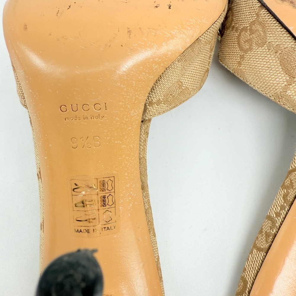 Gucci Beige Brown Gunmetal Grey GG supreme monogram horsebit mules heels Y2K 9.5 - Picture 8 of 9